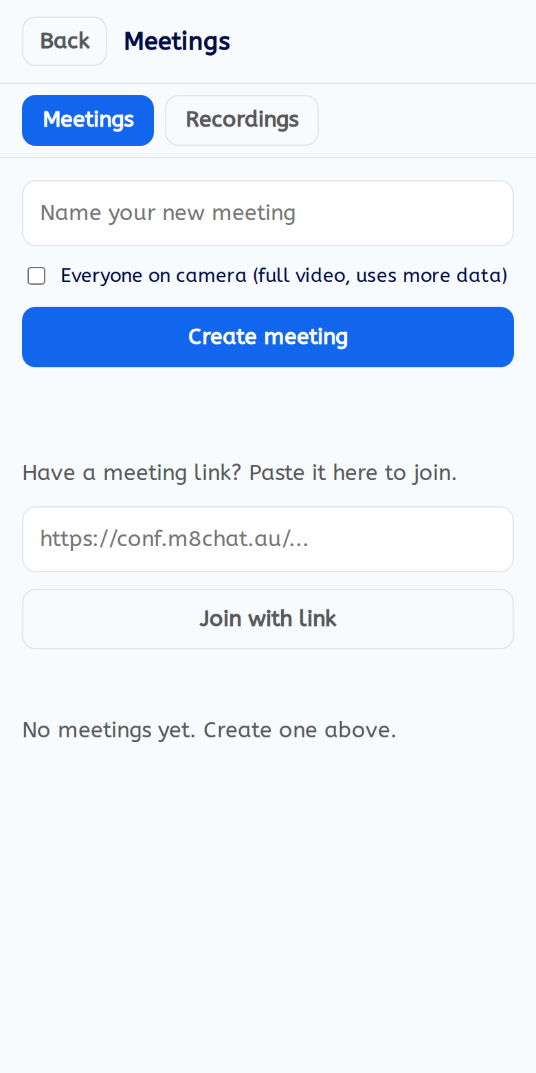 The app Meetings screen with a name box, a Create meeting button and a Join with link box