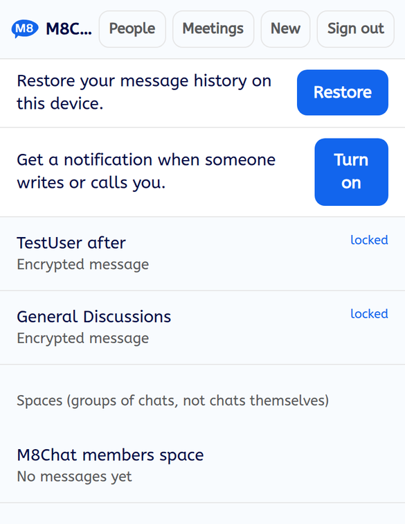The M8Chat chat list showing chats with locked labels and the last message of each