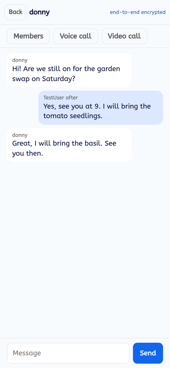 A chat with three messages and the Members, Voice call and Video call buttons