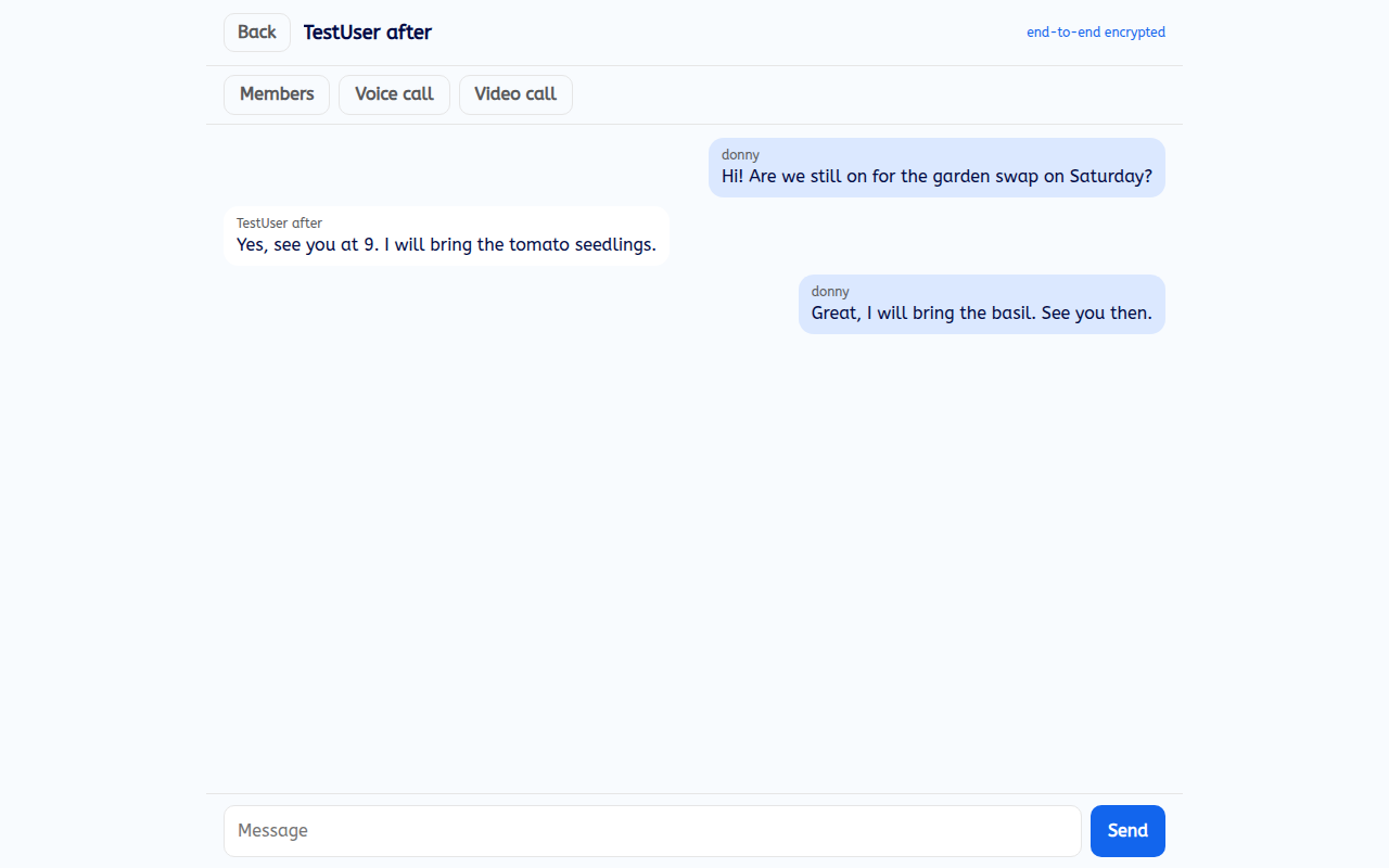 The M8Chat app in a desktop browser window showing a chat