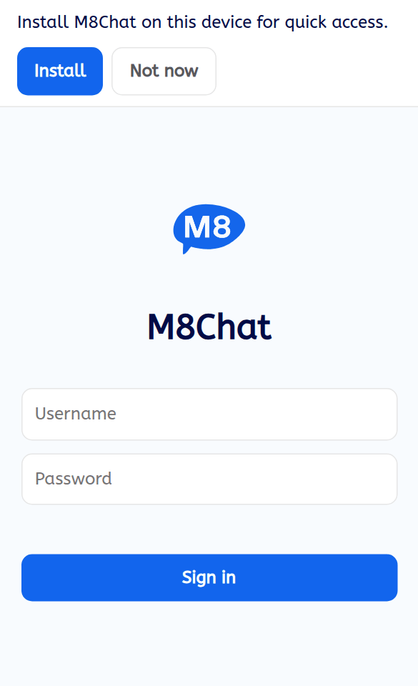 The M8Chat app sign in screen with an Install M8Chat banner and Install and Not now buttons