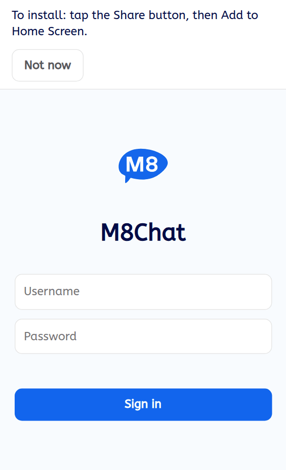 The M8Chat app on an iPhone showing the banner with the Share and Add to Home Screen steps