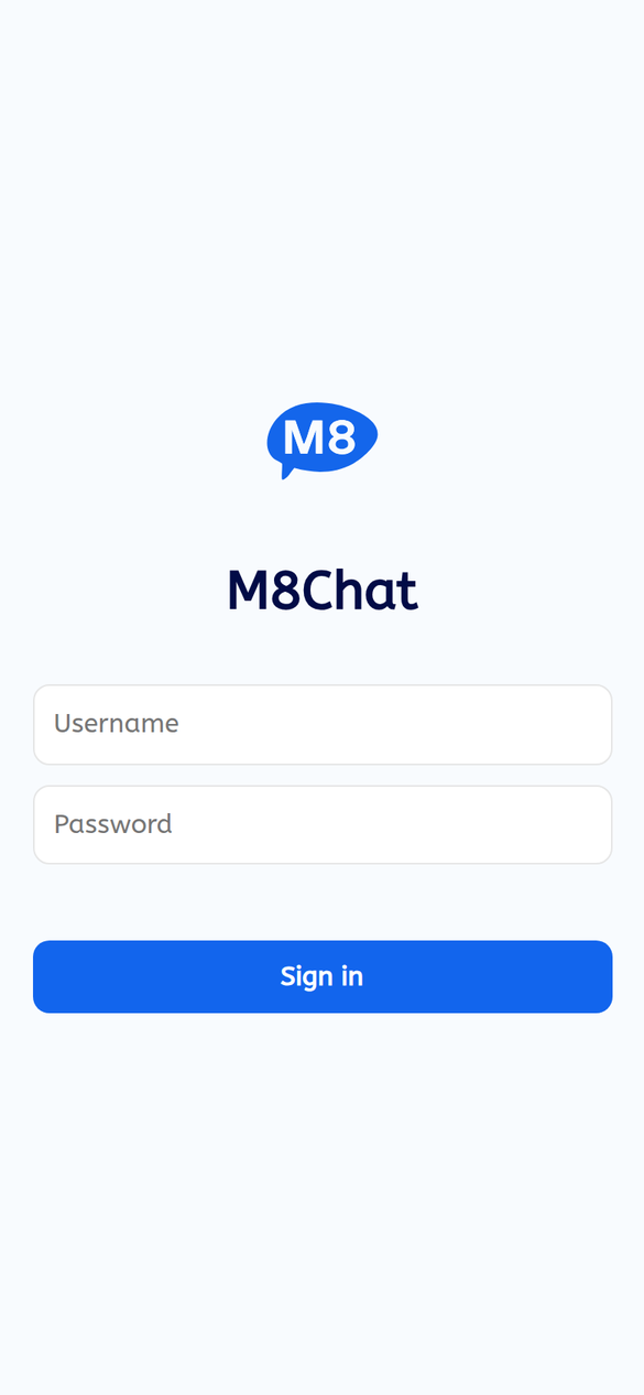 The M8Chat app sign in screen with Username, Password and a Sign in button