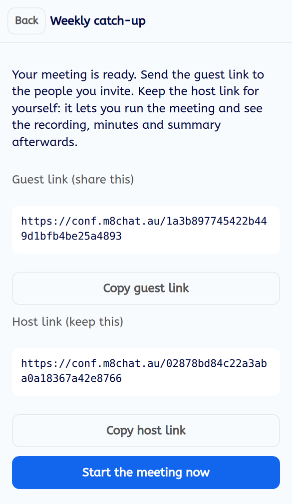 A created meeting showing a guest link, a host link and a Start the meeting now button
