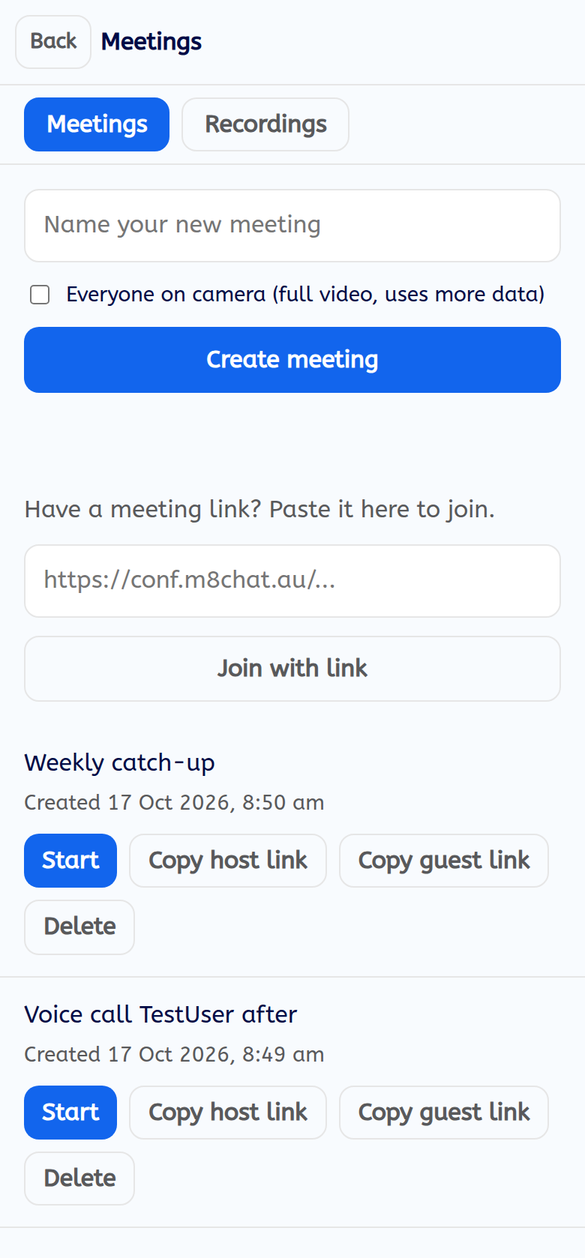 The Meetings list with a meeting and its Start, Copy host link, Copy guest link and Delete buttons