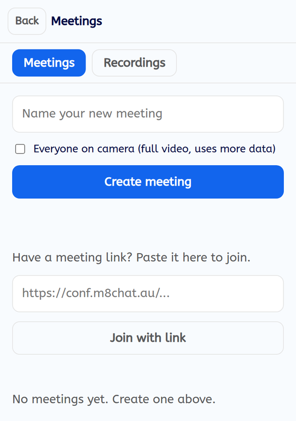 The Meetings screen with a name box, a Create meeting button and a Join with link box