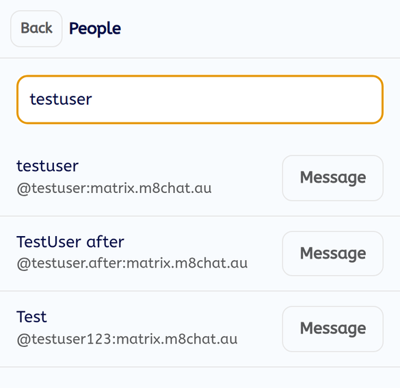 The People screen with a search box and results with Message buttons