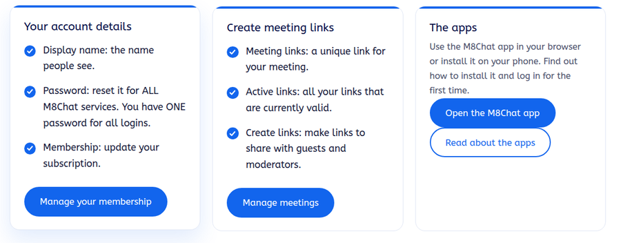 The member dashboard with the Manage your membership and Manage meetings buttons
