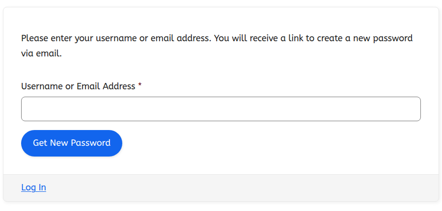 The Lost Password form with a Username or Email Address box and a Get New Password button