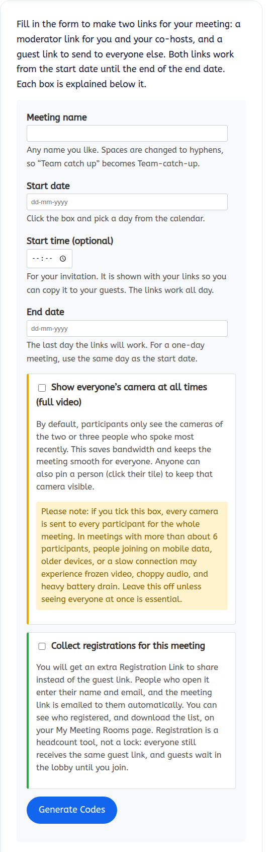 The Manage meetings form with Meeting name, Start date, Start time, End date and a Generate Codes button
